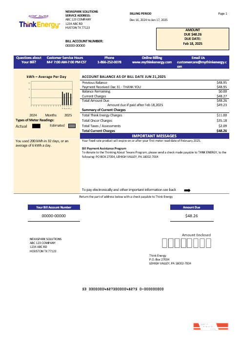 USA Think Energy business utility bill template in Word and PDF formats